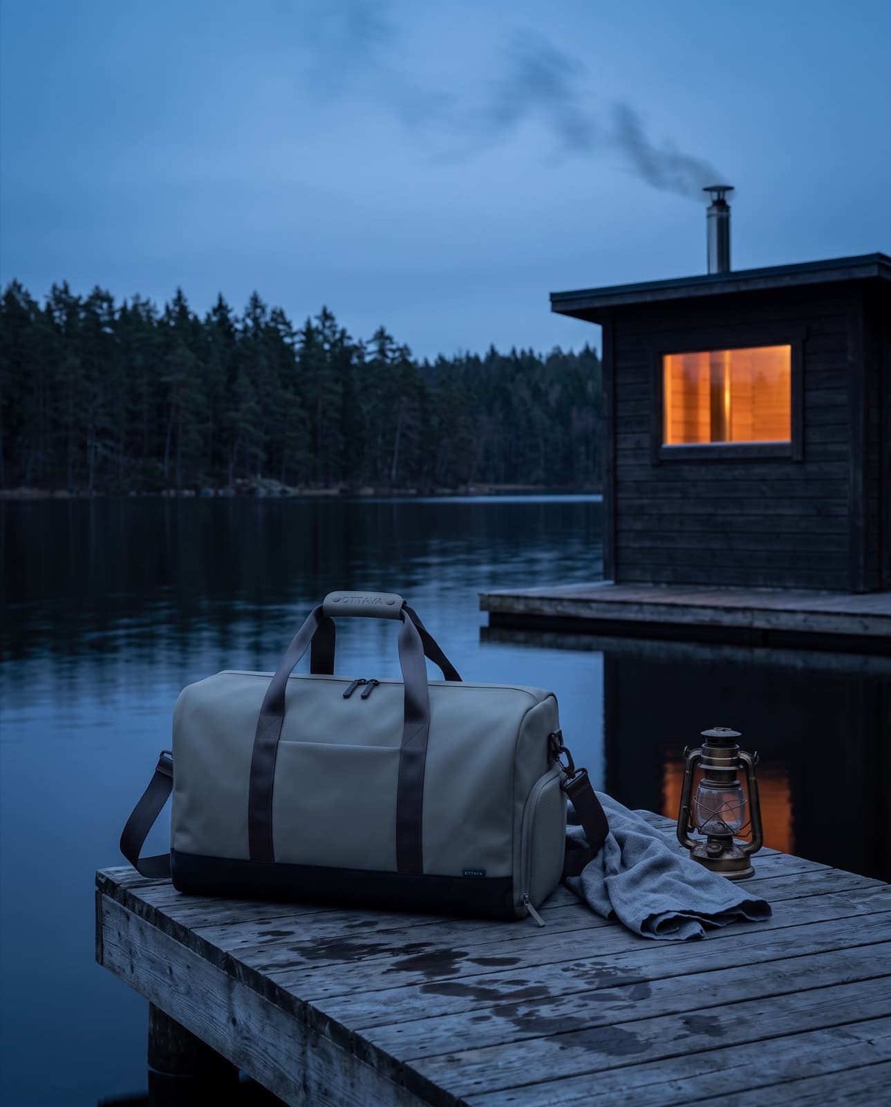 Duffel 40 on a lakeside sauna jetty at blue hour