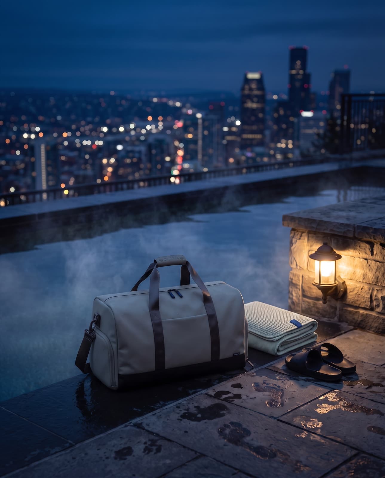 Duffel 50 beside a steaming rooftop pool above city lights at night