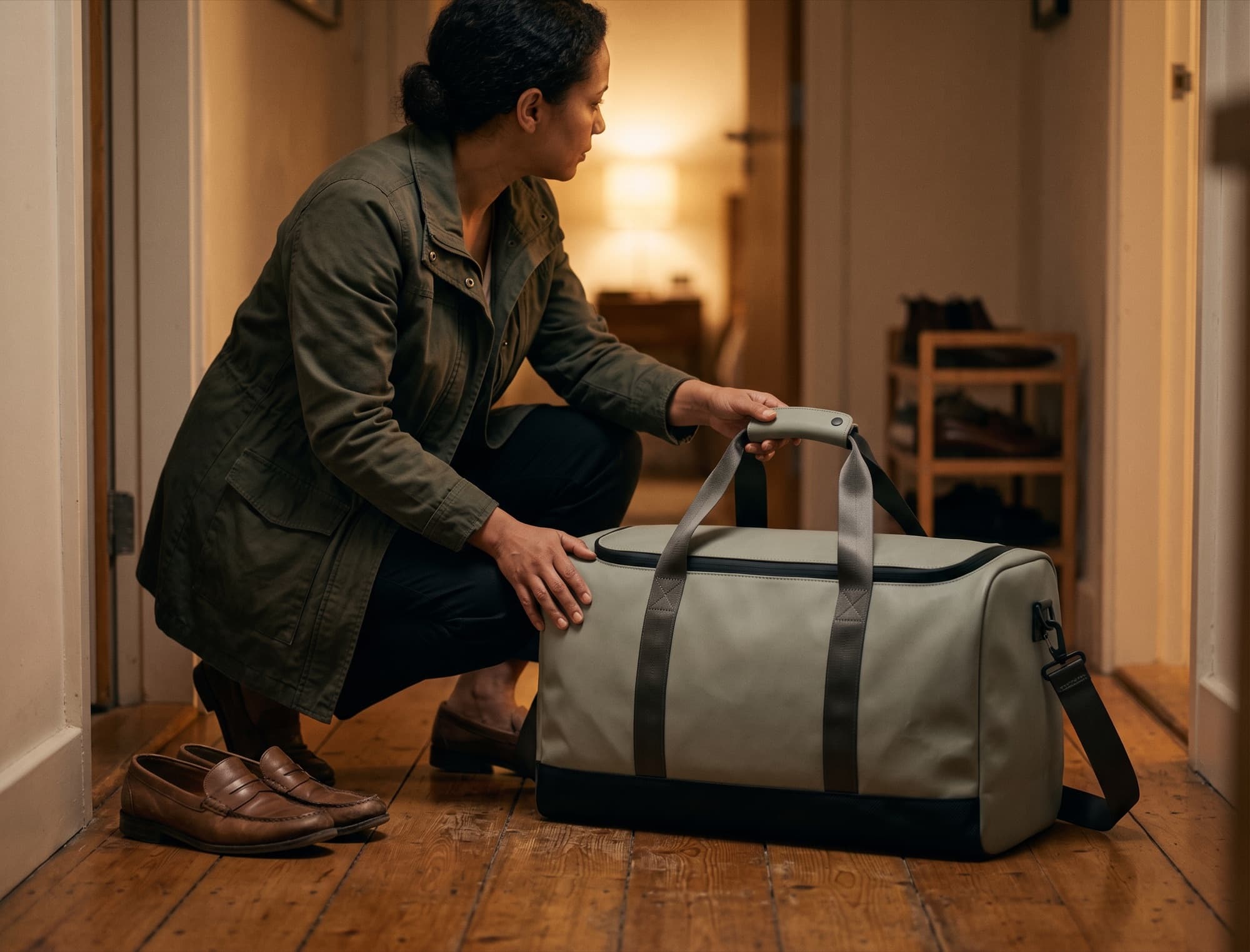 Setting the bag down inside the front door at the end of the day