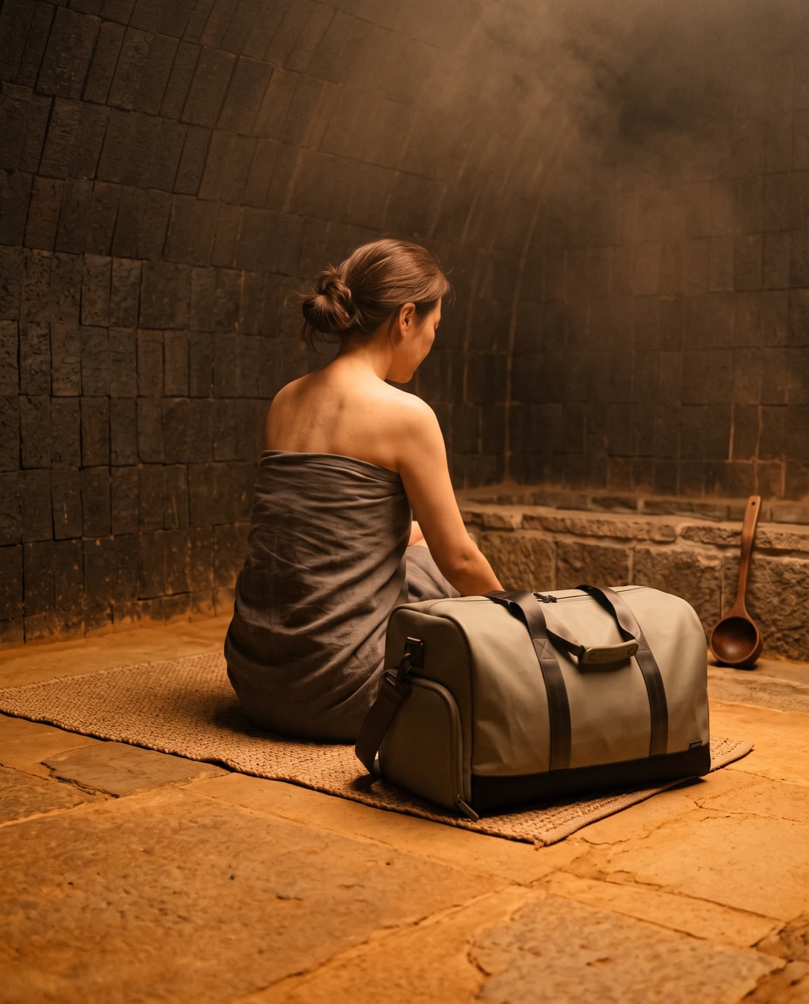Duffel 50 on a marble ledge in a hammam