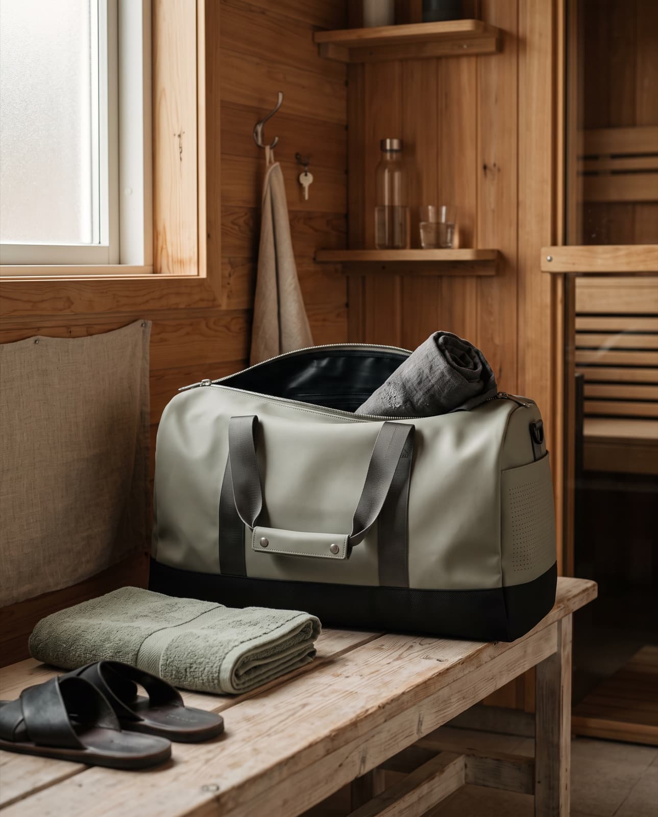 Duffel 50 on a wooden sauna bench, towel on a hook behind