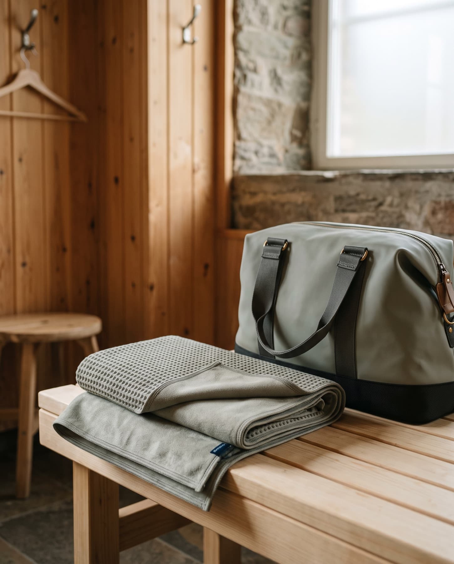 Towel folded on a cedar sauna bench beside the Duffel 50