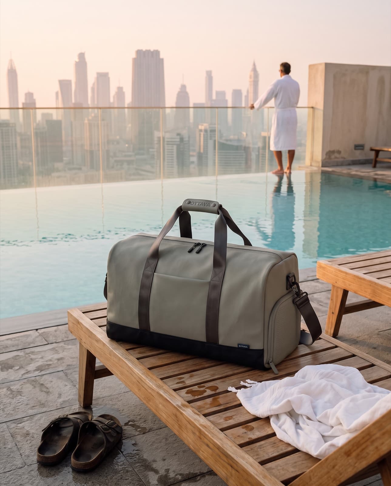 Duffel 50 on a teak lounger at a rooftop infinity pool at sunrise