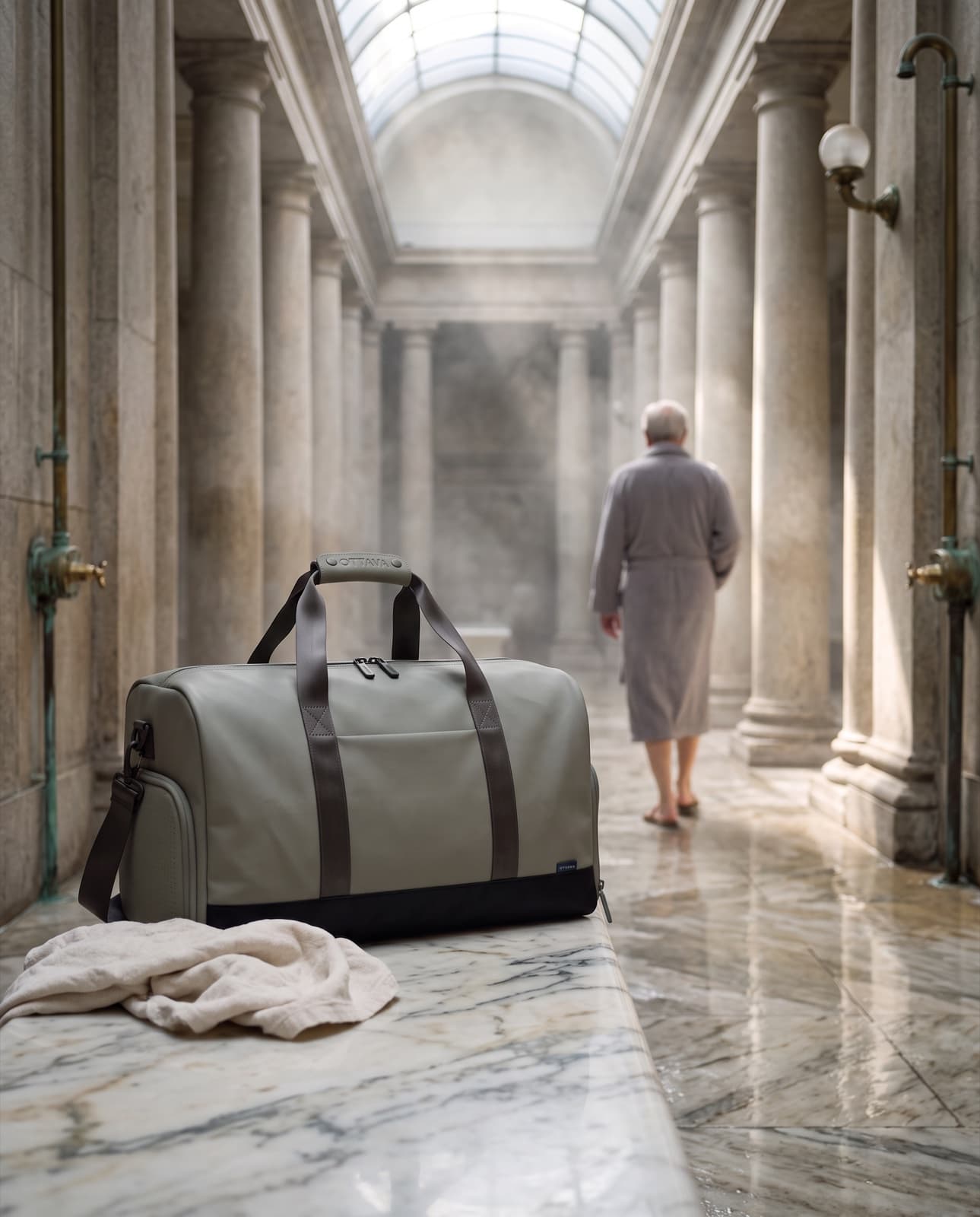 Duffel 50 on a marble bench in a historic Milanese bathhouse